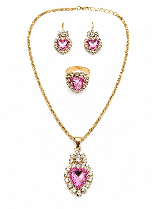 None Jewelry - Gold-Tone Necklace, Earrings & Ring Set with Pink Heart Crystal